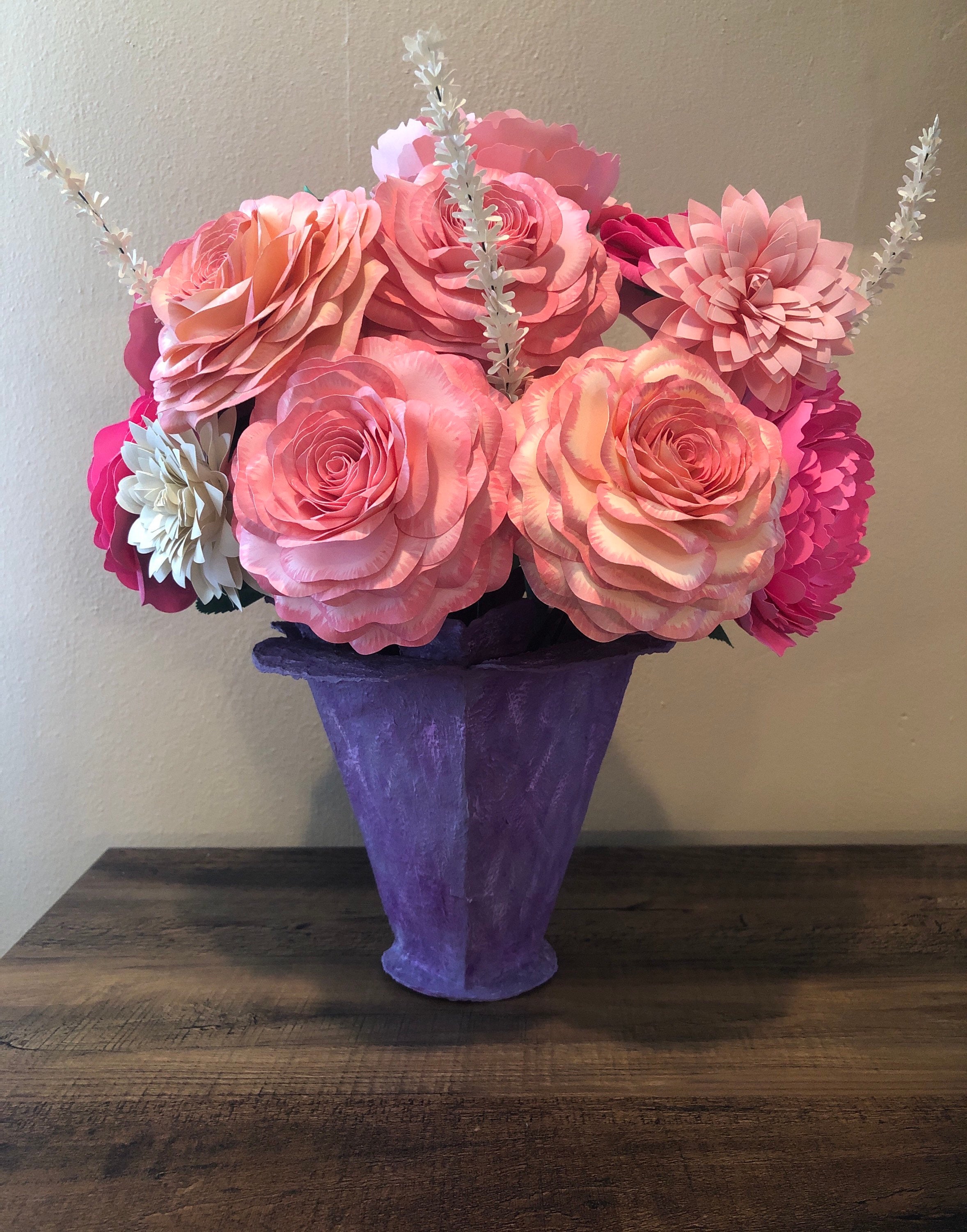 Paper Mache Purple Flower Vase With Pink Peach and Cream Paper Etsy