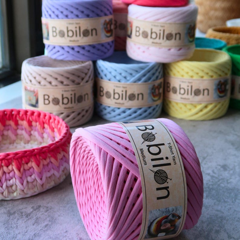 Bobilon bomullsgarn för t-shirts, pastellfärgade vårfärger, virkade väskor, korgar (100 m) bild 5