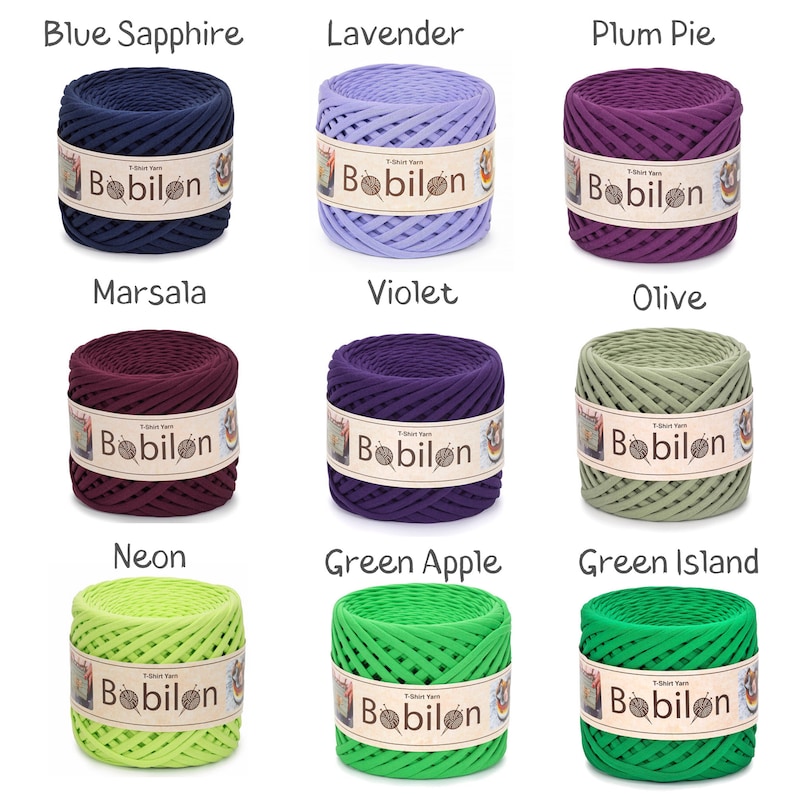 May include: Nine spools of Bobilon T-shirt yarn in various colors, including Blue Sapphire, Lavender, Plum Pie, Marsala, Violet, Olive, Neon, Green Apple, and Green Island. Each spool is labeled with the Bobilon brand.