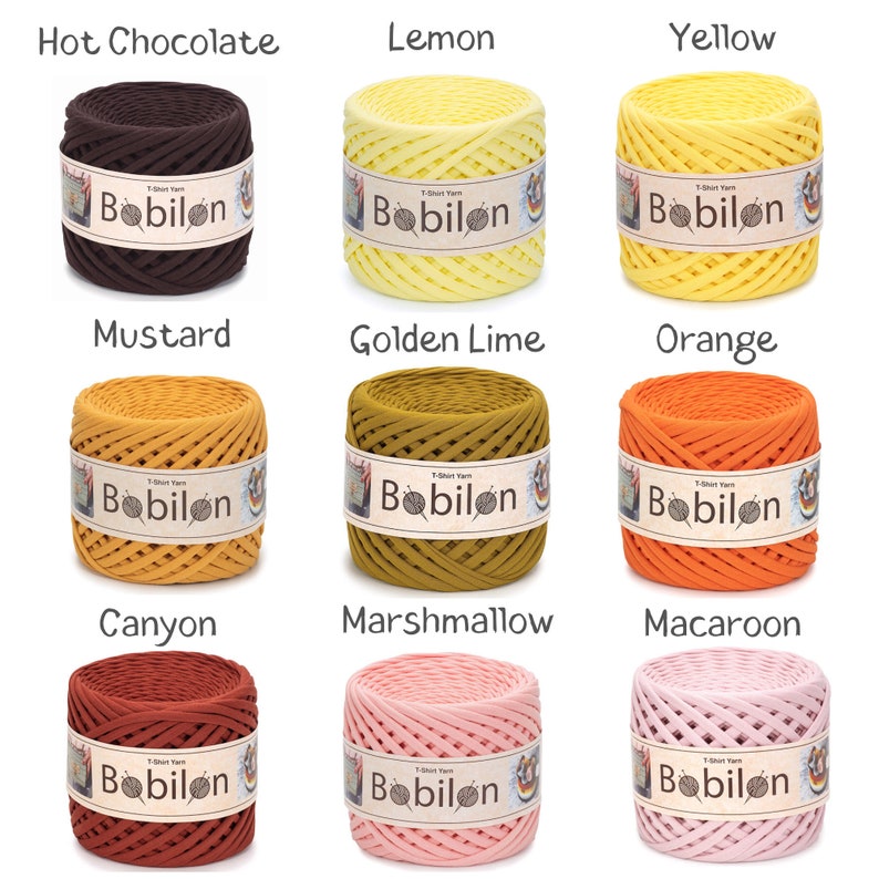 May include: Nine spools of Bobilon T-shirt yarn in various colors, including Hot Chocolate, Lemon, Yellow, Mustard, Golden Lime, Orange, Canyon, Marshmallow, and Macaroon. Each spool is labeled with the Bobilon brand name.