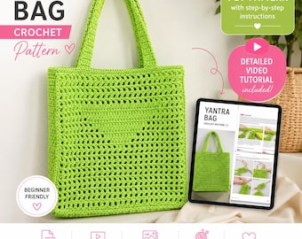Crochet Mesh Bag Pattern PDF with Video Tutorial, Beginner Crochet Market Bag, T-Shirt Yarn, Instant Download