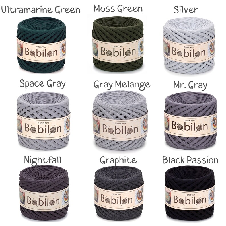 May include: Nine spools of Bobilon T-shirt yarn in various colors, including Ultramarine Green, Moss Green, Silver, Space Gray, Gray Melange, Mr. Gray, Nightfall, Graphite, and Black Passion. Each spool is labeled with the Bobilon brand name.
