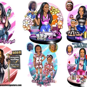 May include: A collection of six cartoon illustrations featuring women and children. The illustrations are set against a pink and white background. The illustrations depict various products and services, including real estate, candles, hair accessories, and sleepwear. The text in the illustrations includes 'forefeinco', 'SOLO', 'Impressive Signature', 'Clara Powell', '(2004', 'Ciarapowell@impressivesignature.com', 'SLEEPYWEAR by A&A', 'TINY & ANGELS Kids Hair Accessories', 'BLACK GIRL MAGIC', and 'LOVE'.