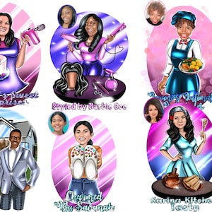 May include: A digital illustration of five women, each with a different business. The first woman is holding a mixer and a cake with the text 'Mari-s-Sweet Surprises'. The second woman is holding a hair dryer and a wig with the text 'Styled by Barbie Cee'. The third woman is holding a plate of food with the text 'Mommy's Ultimate Eat'. The fourth woman is holding a pair of shoes with the text 'Charmed By Savanah'. The fifth woman is holding a wooden spoon and a pot with the text 'Karina Kitchen Tasty'.