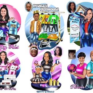 May include: A collage of six cartoon illustrations featuring different businesses. The illustrations are in a colorful cartoon style and include a woman holding a t-shirt, a boy holding a bag with the words 'Prince's Playhouse' on it, a woman holding a house, a woman holding a candle, and a couple holding bowling balls. The text in the illustrations includes 'Crafty Mis', 'L & C Crafts', 'Prince's Playhouse', 'Kemia Mejia Realtor', 'Trinity & Nicole', and 'Team Harris'.
