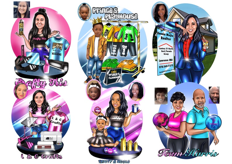May include: A collage of six cartoon illustrations featuring different businesses. The illustrations are in a colorful cartoon style and include a woman holding a t-shirt, a boy holding a bag with the words 'Prince's Playhouse' on it, a woman holding a house, a woman holding a candle, and a couple holding bowling balls. The text in the illustrations includes 'Crafty Mis', 'L & C Crafts', 'Prince's Playhouse', 'Kemia Mejia Realtor', 'Trinity & Nicole', and 'Team Harris'.