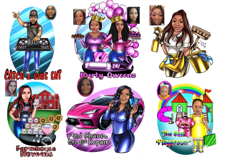 May include: Six colorful cartoon logos with text. The first logo is blue and features a DJ with a mixer. The text reads 'Catch A Vibe Ent'. The second logo is pink and features two women holding a laptop and a cupcake. The text reads 'Party Qweenz'. The third logo is pink and features a woman holding a phone and a pink car. The text reads '2nd Chance Credit Repair'. The fourth logo is yellow and features a woman holding a cleaning spray and a bucket. The fifth logo is pink and features a woman holding a box of items. The text reads 'Farmhouse Reveals'. The sixth logo is rainbow colored and features a child in a yellow shirt and a playground. The text reads 'The Chic Playground!'