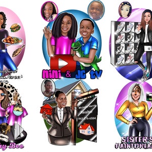 May include: A collage of six cartoon illustrations featuring different businesses. The first illustration features a woman holding a plate of food with the text 'Mae's Soulfood Kitchen & Sweet Treats'. The second illustration features two children with a play button and the text 'nini & JG tv'. The third illustration features a woman holding a purse with the text 'CG'. The fourth illustration features two dogs and a woman holding a pink shirt with the text 'Punchy Bee'. The fifth illustration features a woman holding a red sign with the text 'SOLD' and a sign with the text 'Michelle Harris Realtor 862-276-6584'. The sixth illustration features a woman holding a makeup palette with the text 'SISTERS PAINTDREAMS'. 