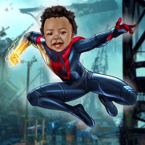 May include: A young boy dressed as Spider-Man in a black and red suit with a yellow lightning bolt on his arm. He is leaping through the air with his arm outstretched.