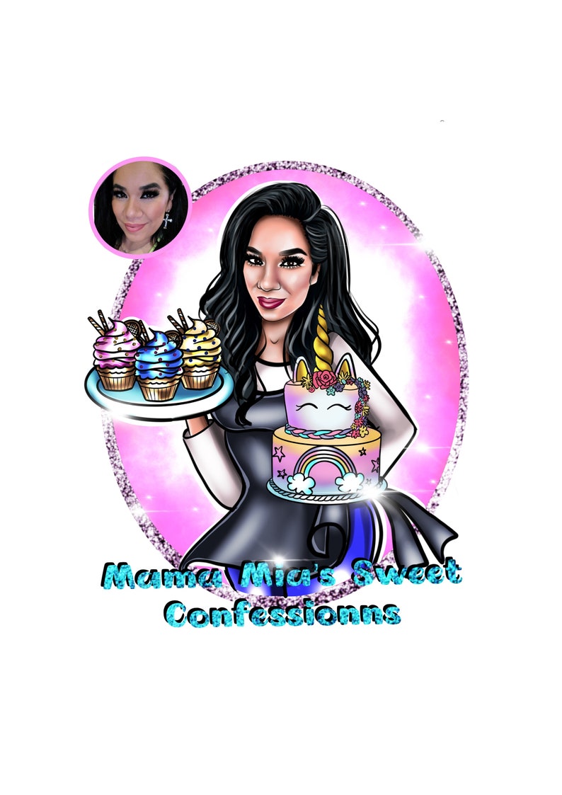 May include: A cartoon illustration of a woman holding a tray of cupcakes and a unicorn cake. The text below reads 'Mama Mia's Sweet Confessions'.
