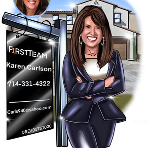 May include: A woman in a blue suit stands in front of a real estate sign with the text "FIRSTTEAM Karen Carlson 714-331-4322 Carls940@yahoo.com DRE#01751020".