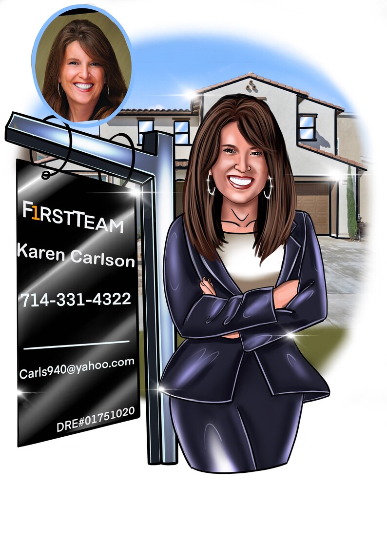 May include: A woman in a blue suit stands in front of a real estate sign with the text "FIRSTTEAM Karen Carlson 714-331-4322 Carls940@yahoo.com DRE#01751020".