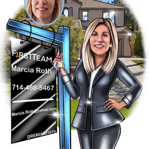 May include: A cartoon illustration of a real estate agent holding keys in front of a blue and white real estate sign. The sign reads "1st Team Marcia Roth 714-469-5467 Marcia.Roth@yahoo.com DRE#01521070".