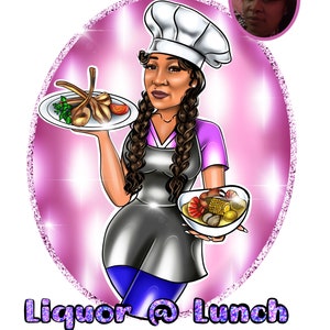 May include: A cartoon illustration of a chef wearing a white chef hat and a purple shirt. The chef is holding a plate of food in one hand and a bowl of food in the other hand. The background is pink with glitter. The text 'Liquor @ Lunch' is written below the chef.