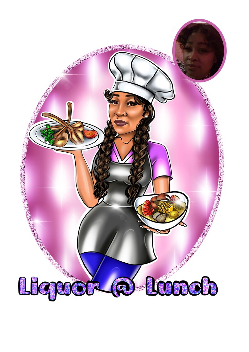 May include: A cartoon illustration of a chef wearing a white chef hat and a purple shirt. The chef is holding a plate of food in one hand and a bowl of food in the other hand. The background is pink with glitter. The text 'Liquor @ Lunch' is written below the chef.