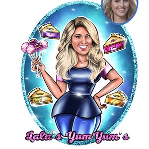 May include: A cartoon illustration of a woman with blonde hair holding a stick with pink and purple cake pops. The woman is wearing a blue shirt and blue pants. The background is a blue circle with glitter. There are three pie slices around the woman. The text 'Lala's Yum Yum's' is at the bottom of the circle.