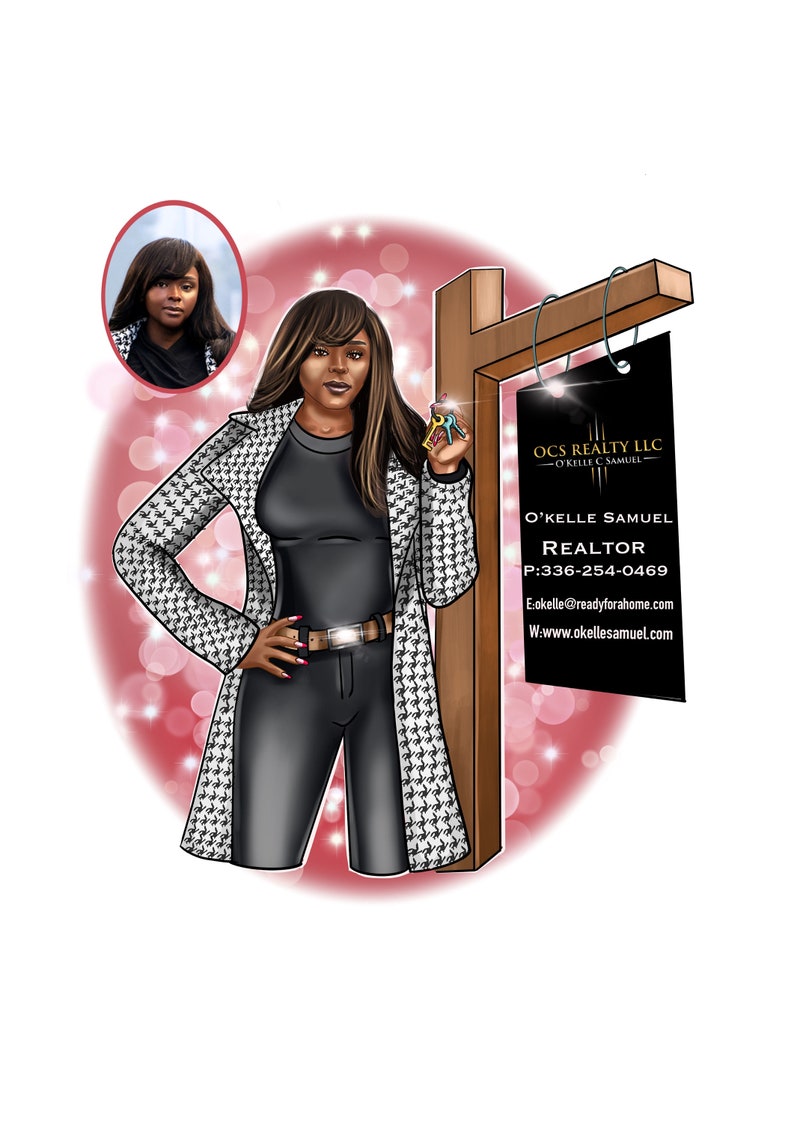 May include: A woman in a black and white patterned coat stands next to a real estate sign. The sign has the text "OCS REALTY LLC - O'KELLE C SAMUEL" and contact information for O'Kelle Samuel, REALTOR.