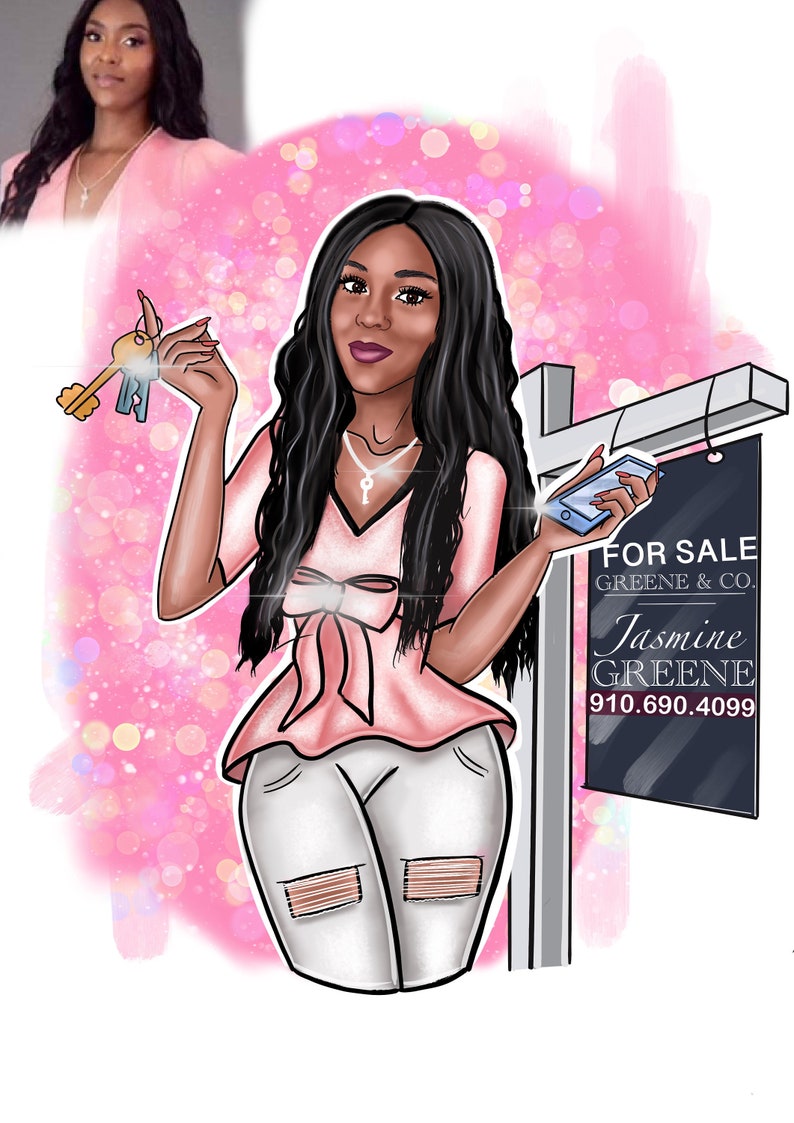 May include: A cartoon illustration of a Black woman real estate agent holding keys and a cell phone. She is standing next to a "For Sale" sign with the text "Greene & Co." and "Jasmine Greene 910.690.4099". The background is a pink and white glitter design.