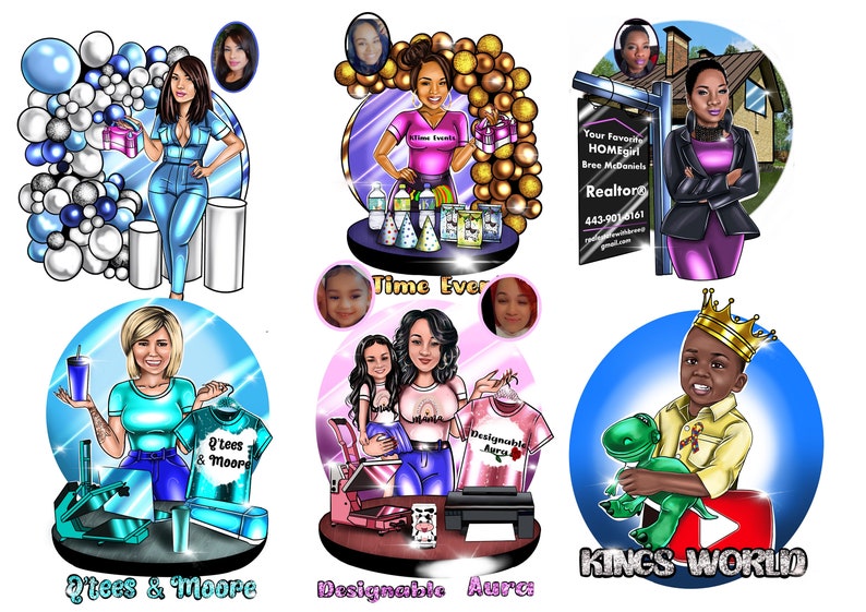May include: Six cartoon illustrations of different businesses. The first illustration is a woman holding a gift box in front of a balloon arch. The second illustration is a woman holding a gift box in front of a balloon arch. The third illustration is a woman standing in front of a house with a sign that says 'Your Favorite Homegirl Bree McDaniels Realtor 443-901-6161'. The fourth illustration is a woman holding a t-shirt with the text 'Q'tees & Moore' on it. The fifth illustration is a woman holding a t-shirt with the text 'Designable Aura' on it. The sixth illustration is a boy wearing a crown holding a green dinosaur toy with the text 'KINGS-WORLD'.