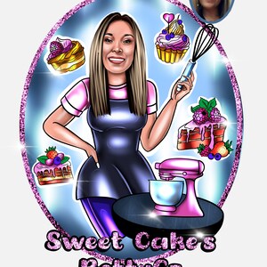 May include: A cartoon illustration of a woman holding a whisk and a cupcake. The woman is wearing a pink shirt and a black apron. The illustration is surrounded by a blue and pink glitter circle. The text 'Sweet Cakes BettyCz' is written in pink glitter at the bottom of the illustration.