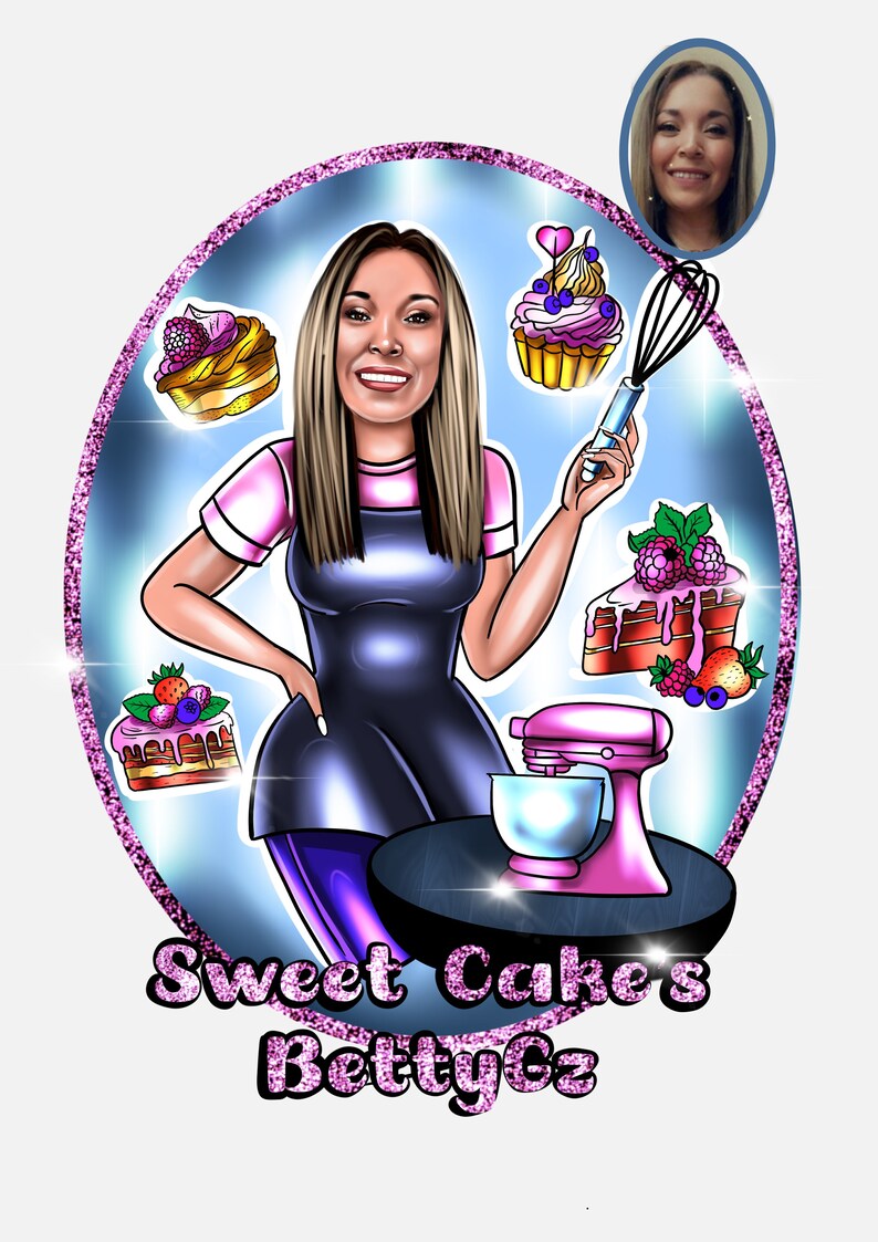 May include: A cartoon illustration of a woman holding a whisk and a cupcake. The woman is wearing a pink shirt and a black apron. The illustration is surrounded by a blue and pink glitter circle. The text 'Sweet Cakes BettyCz' is written in pink glitter at the bottom of the illustration.