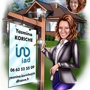 May include: A woman in a black blazer and blue skirt stands in front of a house with a real estate sign. The sign has the text "Yasmina Koriche" and the logo "iad" with a phone number and email address.