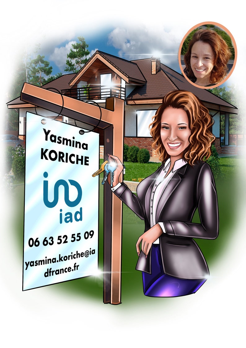 May include: A woman in a black blazer and blue skirt stands in front of a house with a real estate sign. The sign has the text "Yasmina Koriche" and the logo "iad" with a phone number and email address.