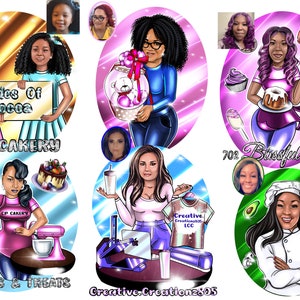 May include: A digital illustration of four women with their businesses. The first illustration is of two girls holding a sign that says 'Shades of Cocoa CP Cakery'. The second illustration is of a woman holding a gift box with a teddy bear inside. The third illustration is of a woman holding a cake and a whisk. The fourth illustration is of a woman holding a spatula and a wooden spoon. The text on the bottom of the image says 'Creative Creation2805'.