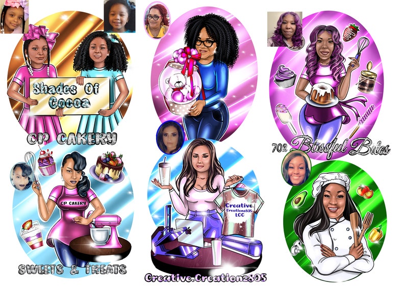 May include: A digital illustration of four women with their businesses. The first illustration is of two girls holding a sign that says 'Shades of Cocoa CP Cakery'. The second illustration is of a woman holding a gift box with a teddy bear inside. The third illustration is of a woman holding a cake and a whisk. The fourth illustration is of a woman holding a spatula and a wooden spoon. The text on the bottom of the image says 'Creative Creation2805'.