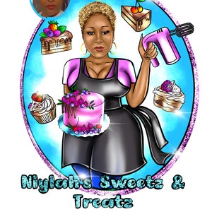 May include: A cartoon illustration of a person holding a mixer and a pink cake with berries. The illustration is surrounded by a blue circle with a sparkly border. The text 'Niylah's Sweets & Treatz' is below the circle.
