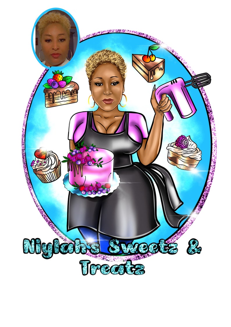 May include: A cartoon illustration of a person holding a mixer and a pink cake with berries. The illustration is surrounded by a blue circle with a sparkly border. The text 'Niylah's Sweets & Treatz' is below the circle.