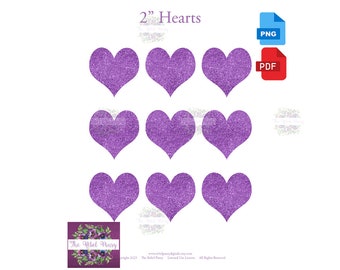 Purple Glitter Hearts 2-inch Cupcake Toppers, Cake Toppers, Tags- Digital