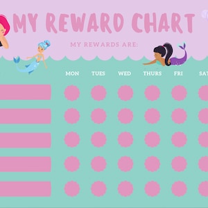 Könnte beinhalten: Eine farbenfrohe Belohnungstabelle mit Meerjungfrauen und dem Text "MY REWARD CHART". Die Tabelle ist in rosa und türkisfarbene Abschnitte zur Fortschrittsverfolgung unterteilt, mit Feldern für jeden Wochentag. Oben steht "MY REWARDS ARE:" und "THIS WEEK:"