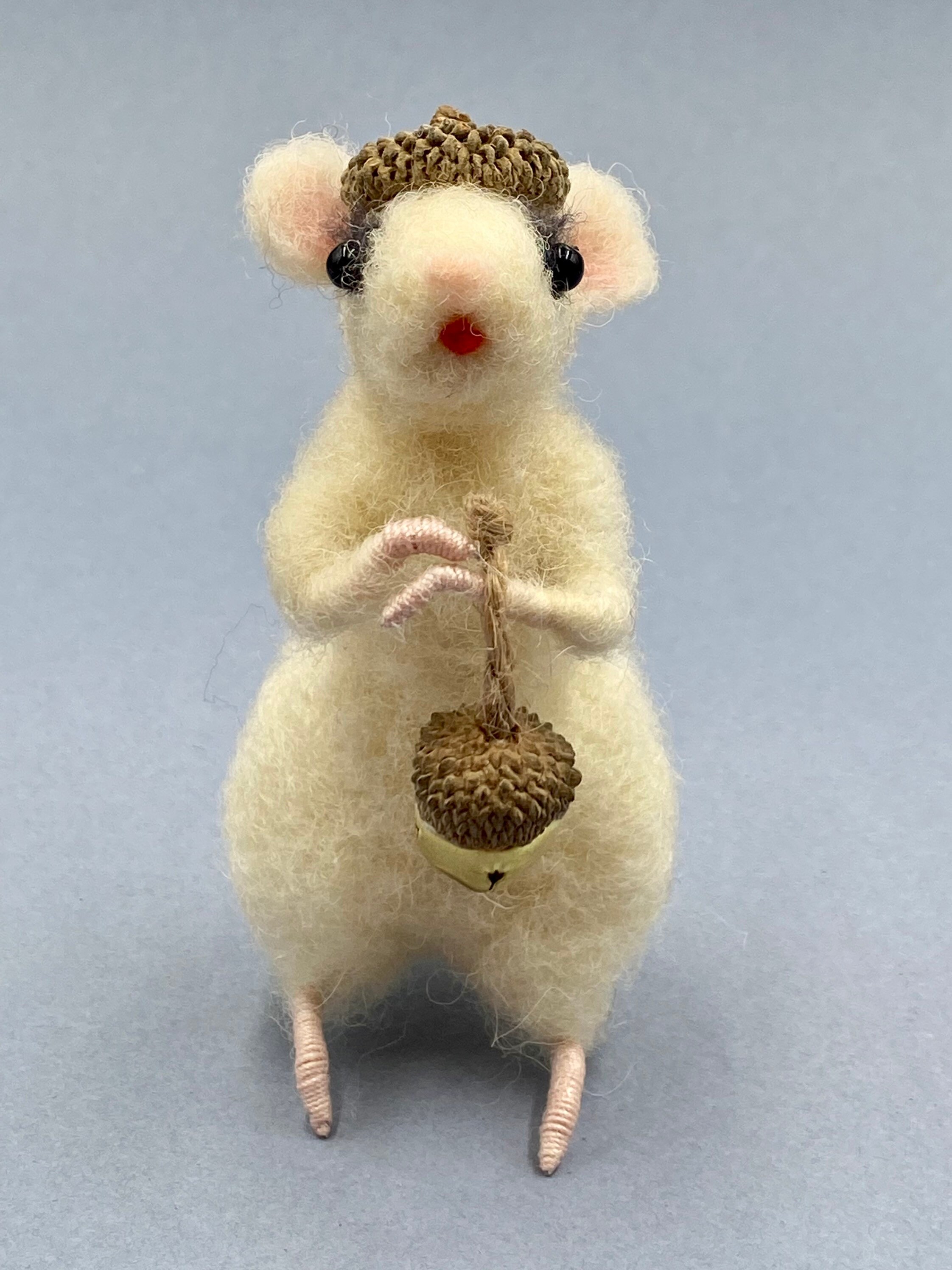 Needle Felt White Mouse With Acorn Hat 