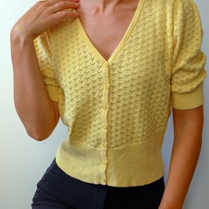 Vintage Cotton Elegant Textured Yellow Cardigan - Women Sustainable Fashion - Fair and Ethical - Wise Fashion