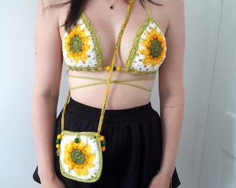 Retro Granny Triangle Festival Top - 2 Designs/Colours | Size M | Sunflower Crochet Crossbody Bag | Granny Square Bikini Top