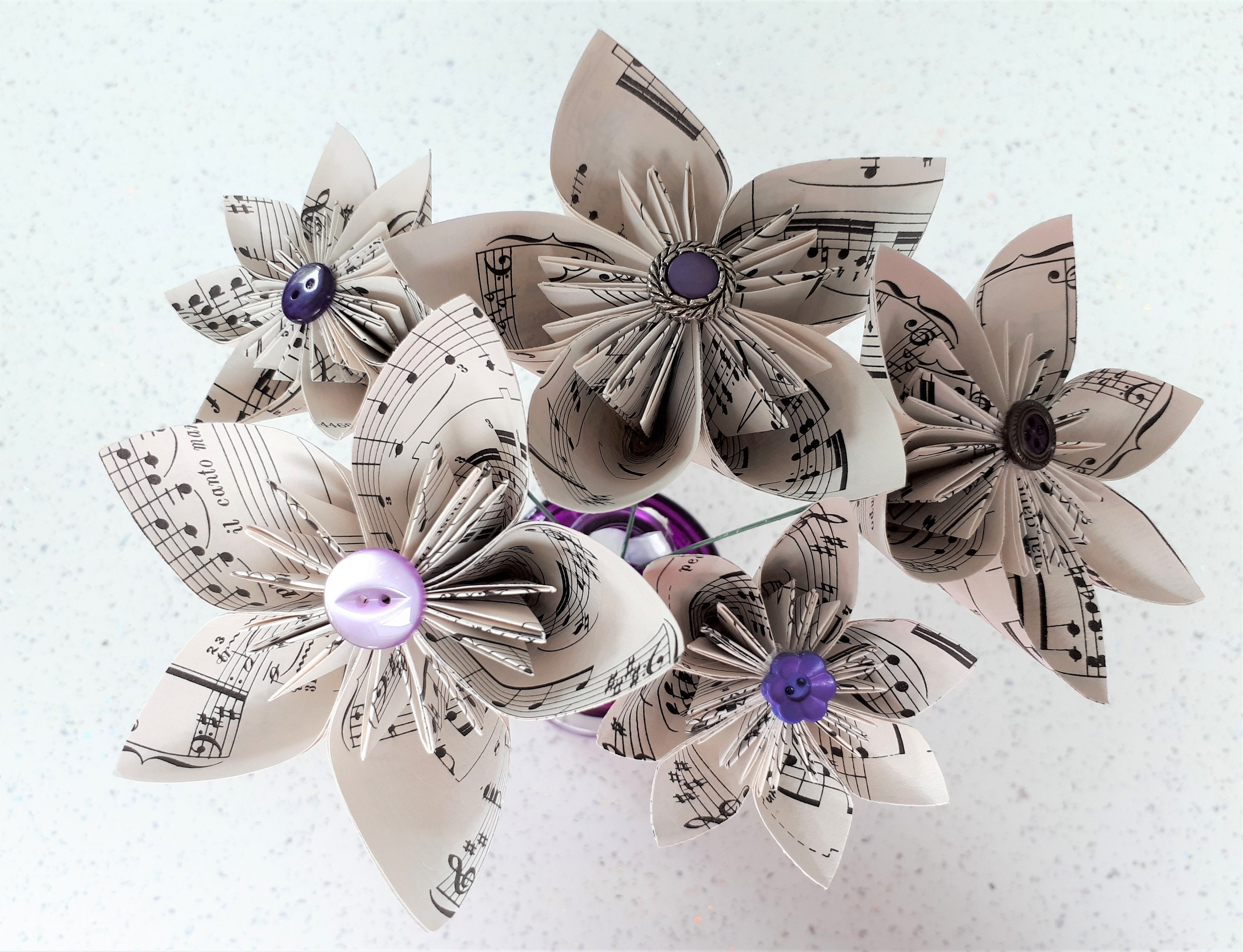 Set of 5 Sheet Music Flowers with Purple Button Centre Music Etsy