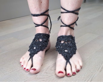 SALE | Barefoot Crochet Black Skull Sandals | Wedding Day Pretty Punk Beach Footwear | Goth Beach Holiday Vibes