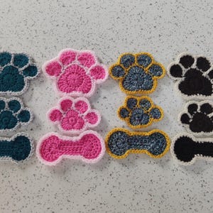 Cute Crochet Dog Bone & Paw Print Appliques in a Choice of 4 Colours and 2 Different Sizes | Woof Woof | Custom Colour Option Available