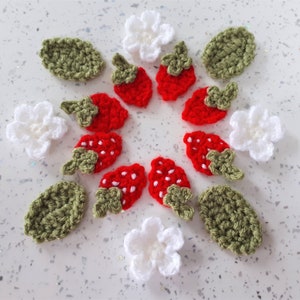 May include: A collection of crocheted strawberries, leaves, and flowers in red, white, and green.