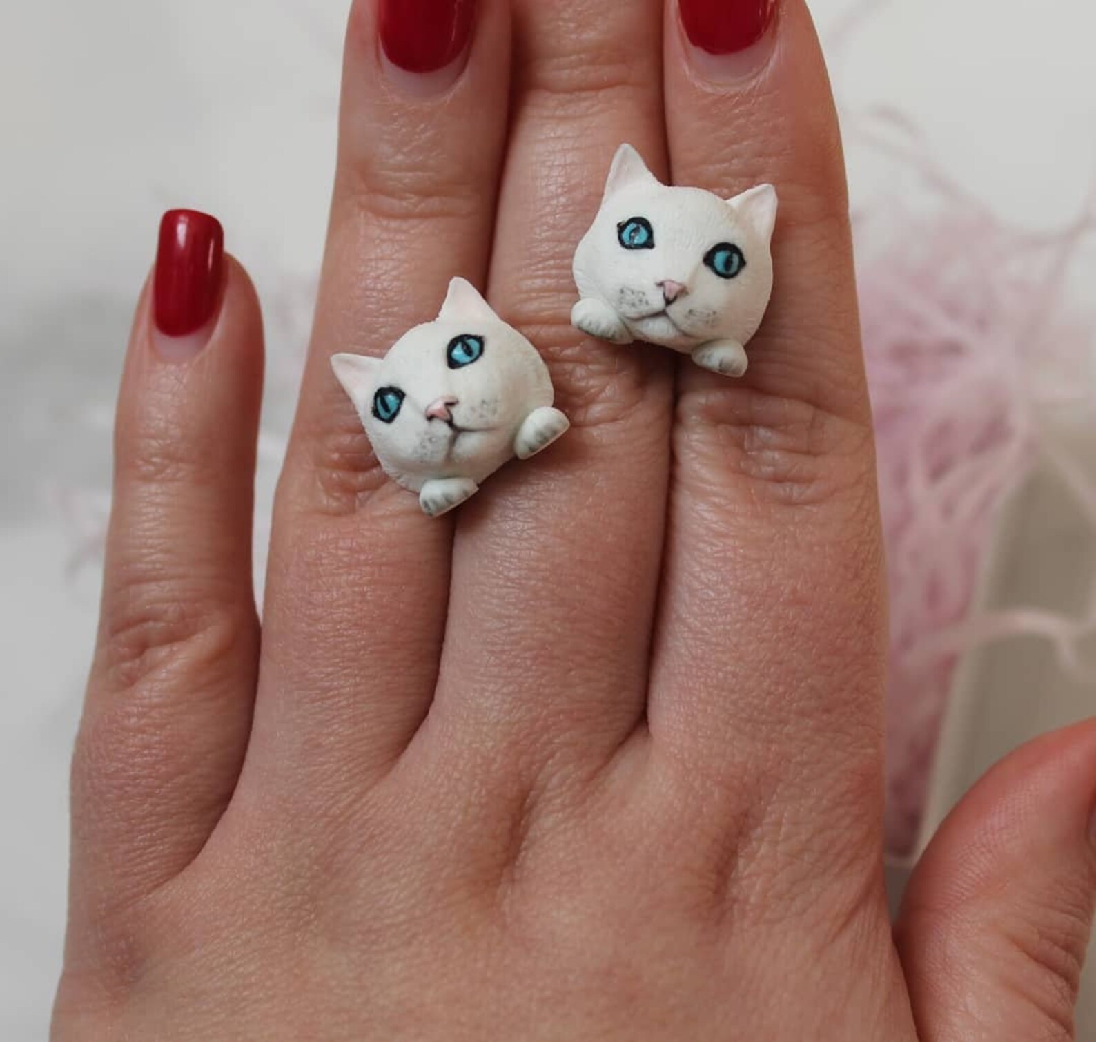 White funny cat polymer clay earrings cat lover gift animal Etsy