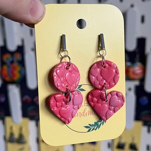 Valentines themed, Pink Circle and Heart shaped earrings with Embossed Love Hearts