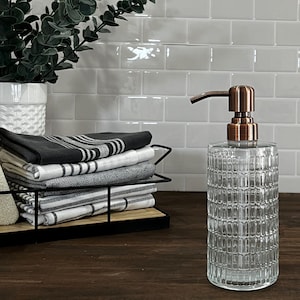 Retro Glass Soap Dispenser | 17-ounce Refillable | Clear Glass Bottle | Designer Metal Pumps | Hand Soap Dish Soap Lotion | Minimalist Decor