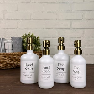 White Matte Glass Soap Dispenser with Waterproof Label | Signature Collection | Dish Soap Hand Soap or Set | Refillable | Minimalist Design