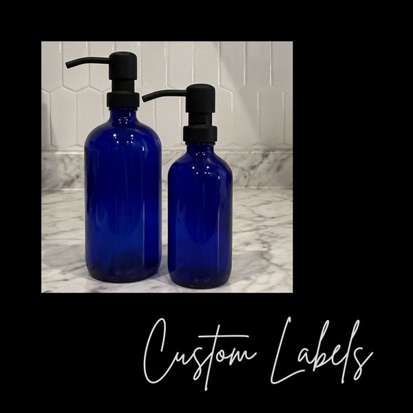 Cobalt Blue Glass Soap Dispenser with Waterproof Label | Custom Collection | Custom Labeled | Refillable | Minimalist Design