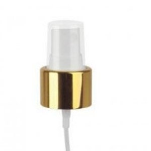 Pode incluir: Um pulverizador de névoa fina de metal dourado com uma tampa de plástico transparente e um tubo de imersão branco. O pulverizador foi projetado para uso com frascos e recipientes.