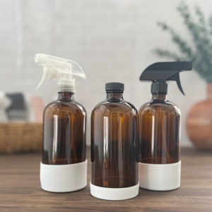 16oz Amber Bottle with Silicone Sleeve | Cap or Sprayer | Refillable | Eco-Friendly