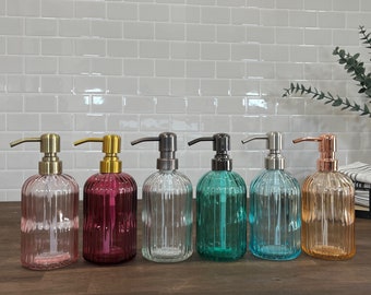 Fluted Glass Soap Dispenser | 14-ounce Refillable | Variety of Colors | Designer Metal Pumps | Hand Soap Dish Soap Lotion