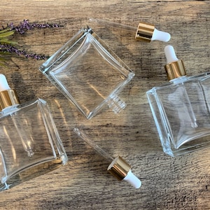 3.4 oz. Square Flint Glass Dropper Bottle with Gold Dropper | This bottle is beautiful | Perfect for your essential oils & skincare products