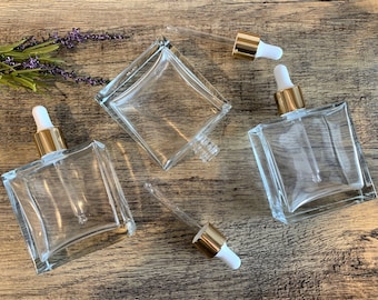 3.4 oz. Square Flint Glass Dropper Bottle with Gold Dropper | This bottle is beautiful | Perfect for your essential oils & skincare products